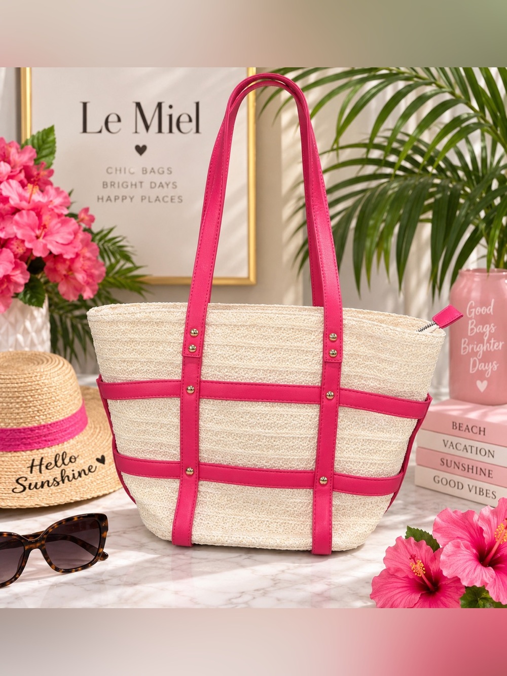 Le Miel Woven Straw & Fuchsia Vegan Leather Beach Tote